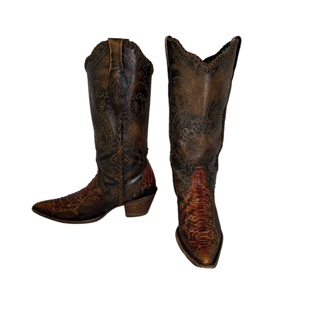 Corral Python Snake Skin Etched & Braid Accent Pointed Toe Cowboy Boots- Sz 6.5m