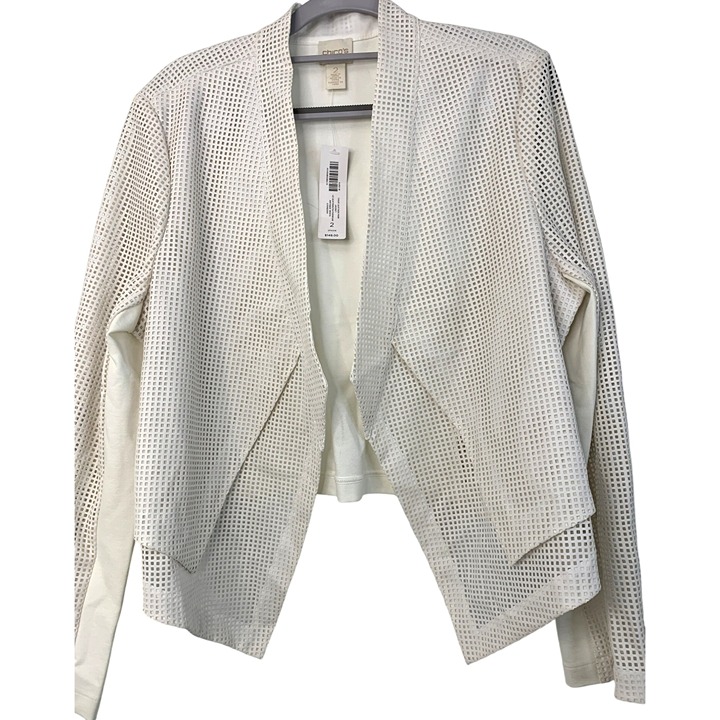Chicos Faux Leather Perforated Jacket Womens Size M White Asym Open Front 7650