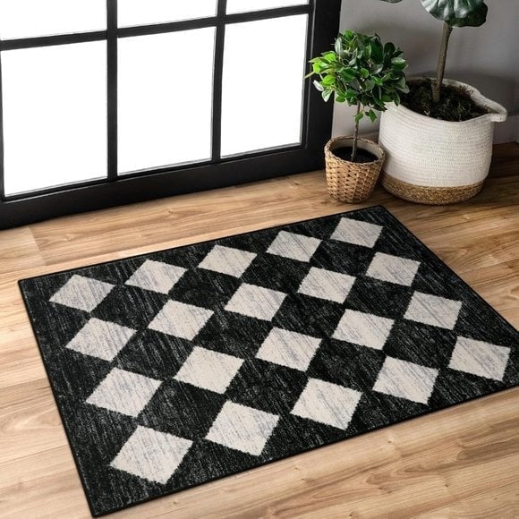 New Moroccan Trellis 2x3 Area Rug, Non-Slip, Black Checkered, Stain Resistant