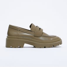 NWT. Zara Green/Gray Faux Leather Low Heel Lug Sole Platform Loafers. Size 9.