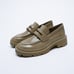 NWT. Zara Green/Gray Faux Leather Low Heel Lug Sole Platform Loafers. Size 9.
