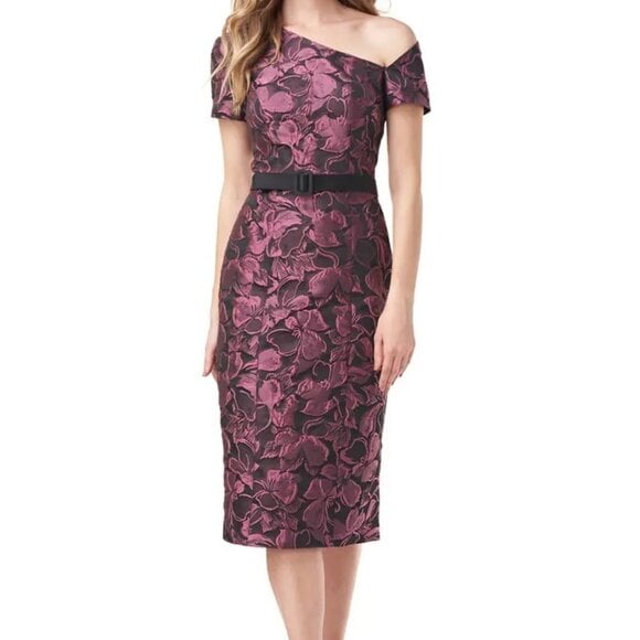 Kay Unger Black/ Cerise Alana Floral One Shoulder Belted Midi Dress