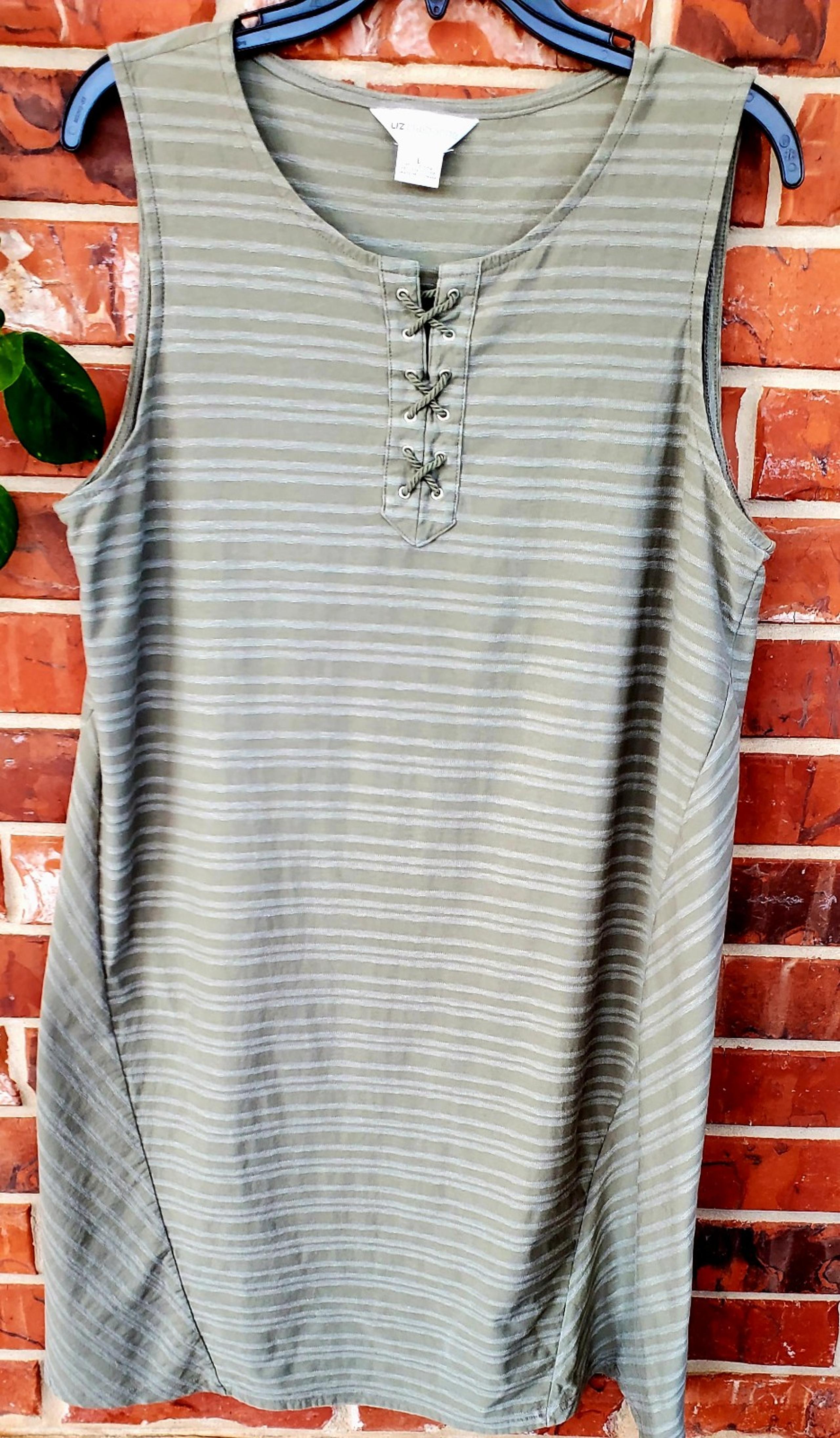 Liz Claiborne olive green stripe cotton blend sleeveless dress wlace up accent L