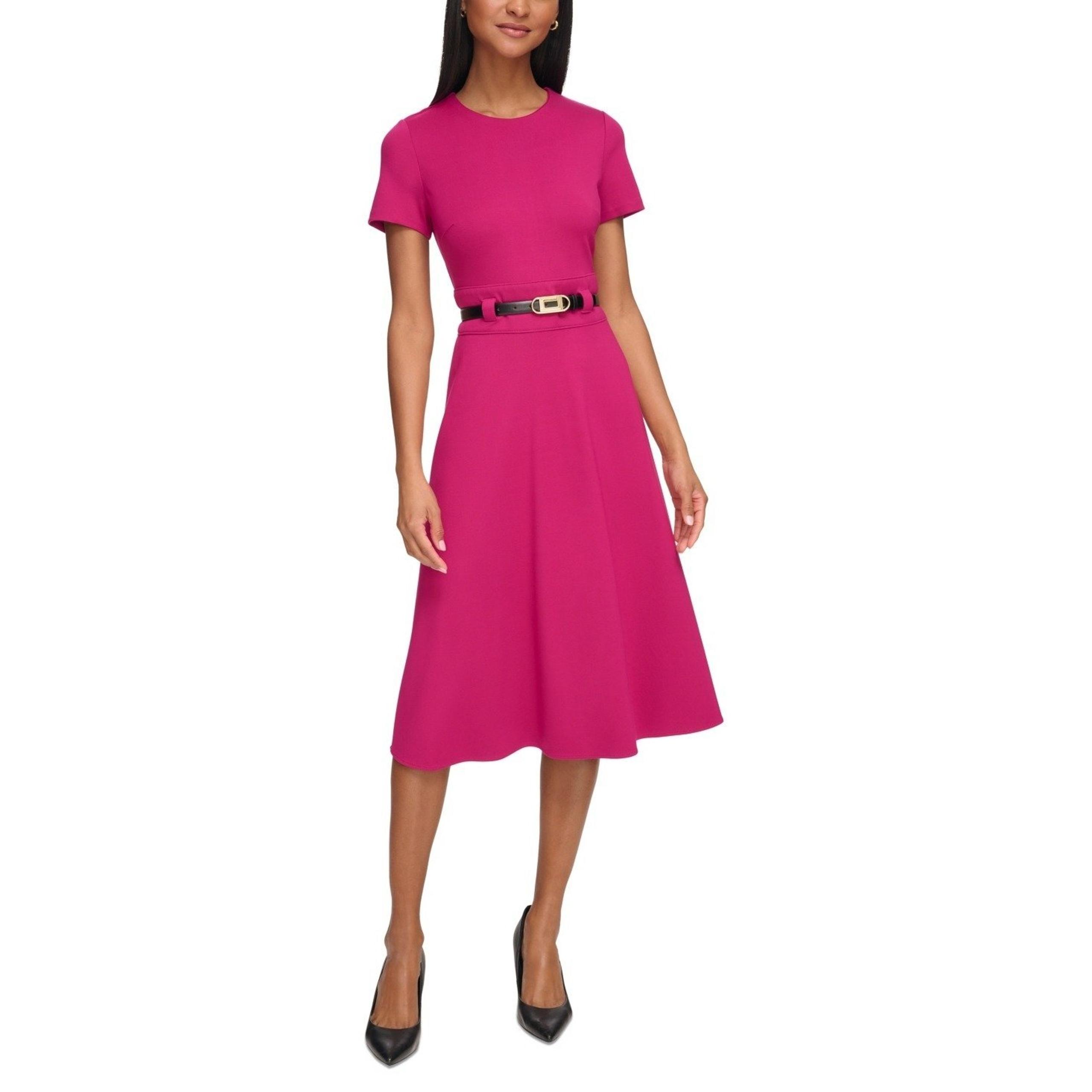 Karl Lagerfeld Dress Women's 14 Pink Ponte Belted Midi Wildberry Pink NWT