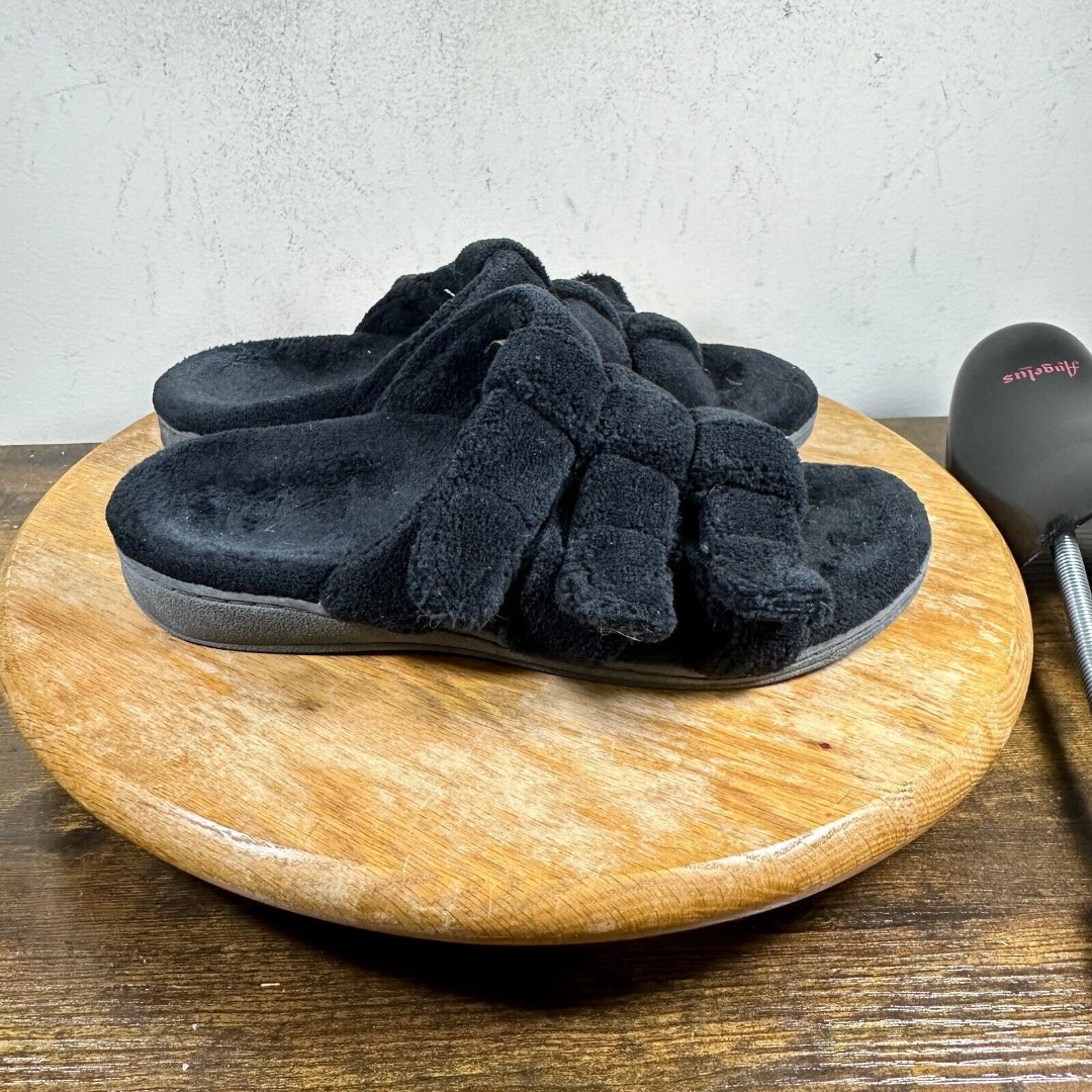 Vionic Snooze Terry Cloth Women's Size 7 Black Fashion Shoes Slip on Slides