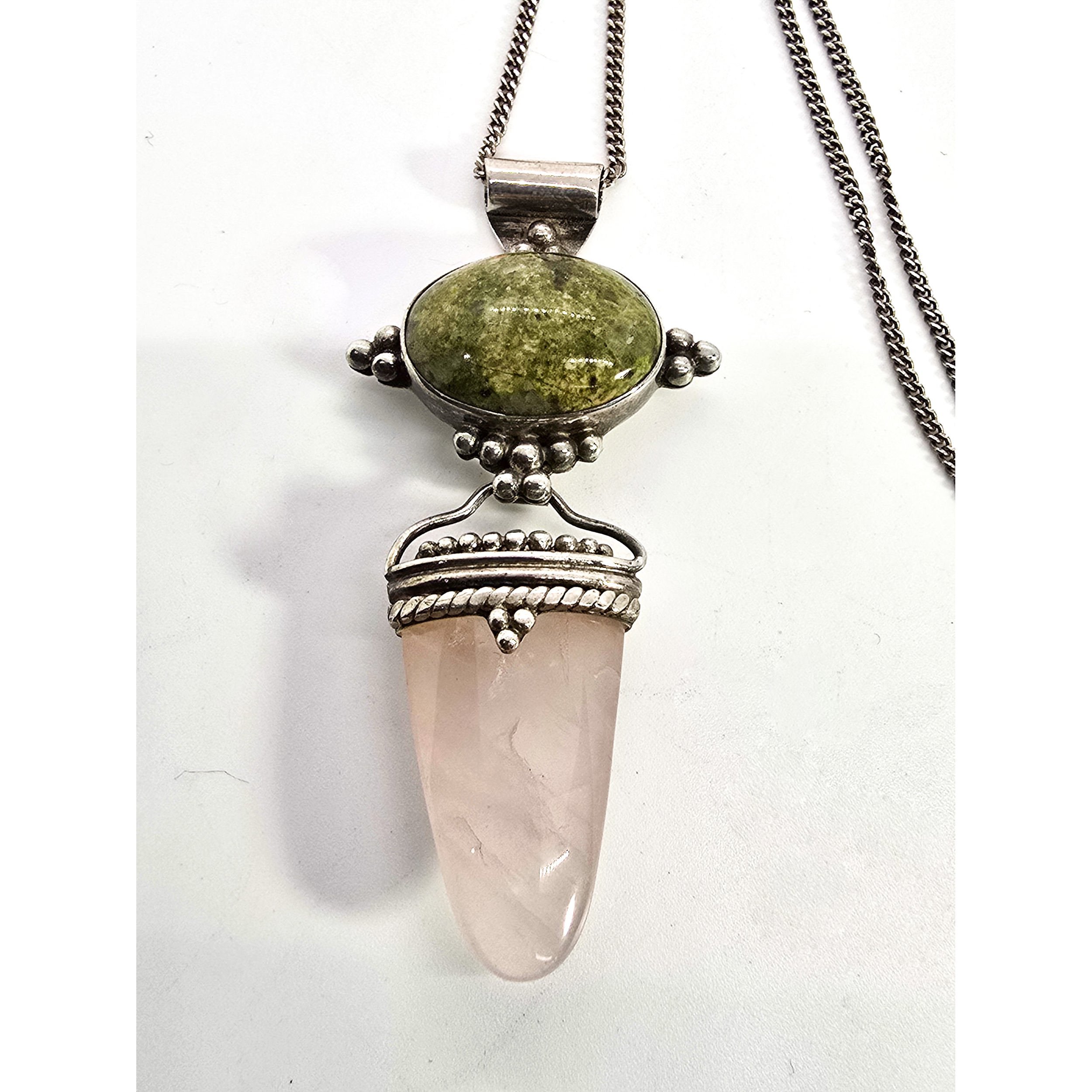 Sajen green Unakite pink rose quartz tribal Bali sterling silver pendant neckla