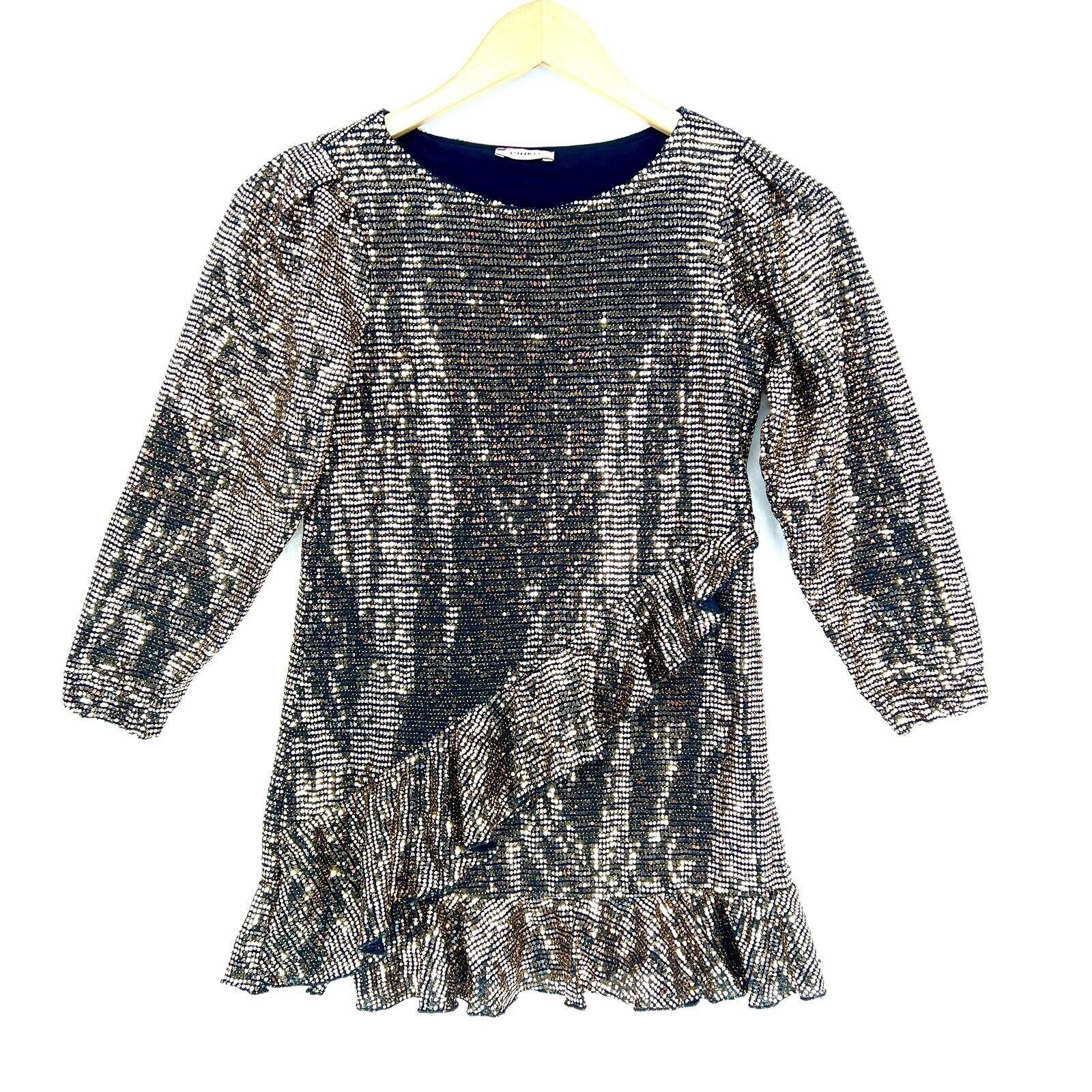Pinko Up Girls Black Gold Sequins Long Sleeve Ruffle Party Dress Size 8 Stretch