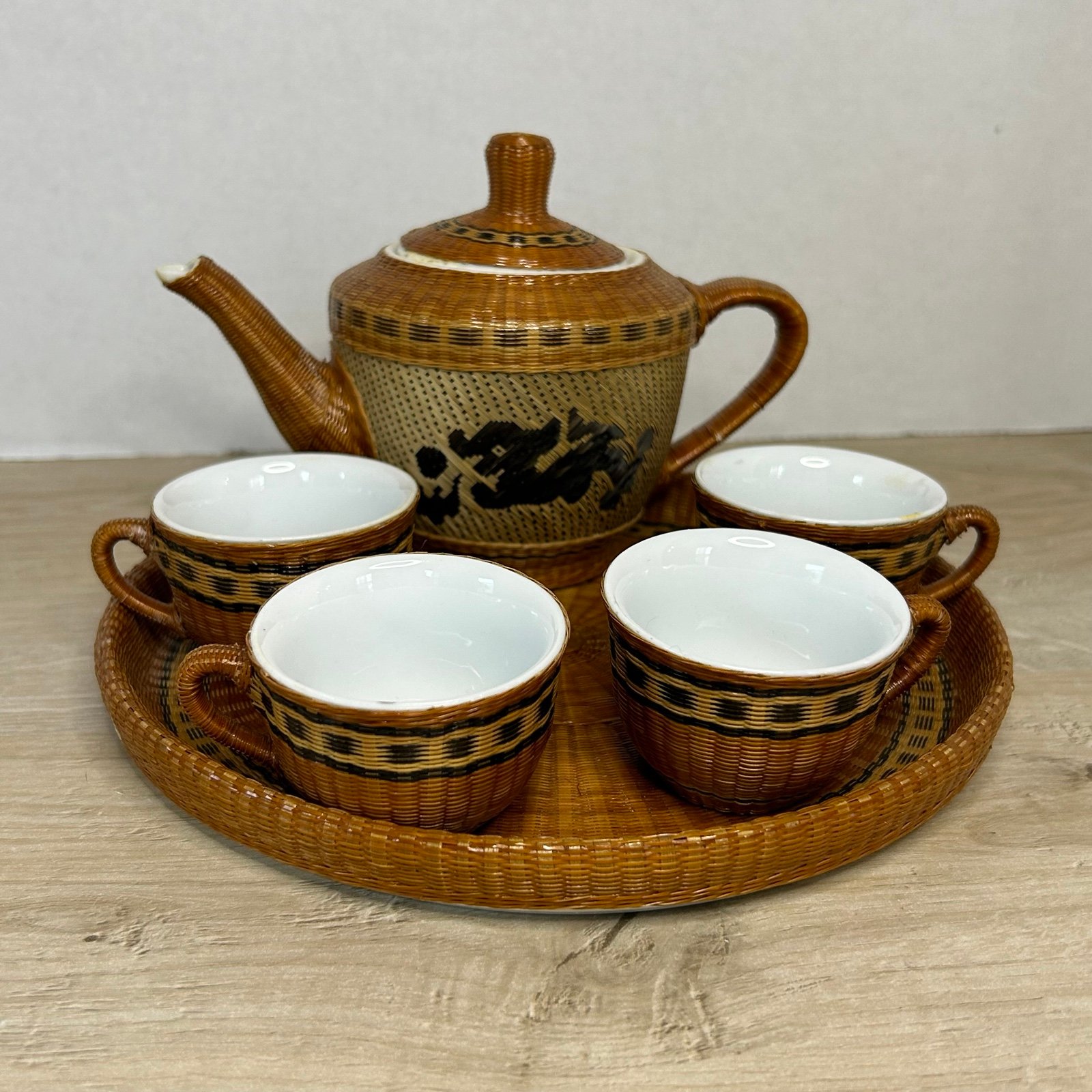 Vintage Bamboo Weave Wrapped Porcelain Ceramic Tea Set In Satin Box