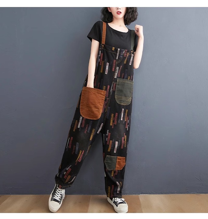 Retro Fashion Print Denim Versatile Wide Leg Jumpsuit Trend