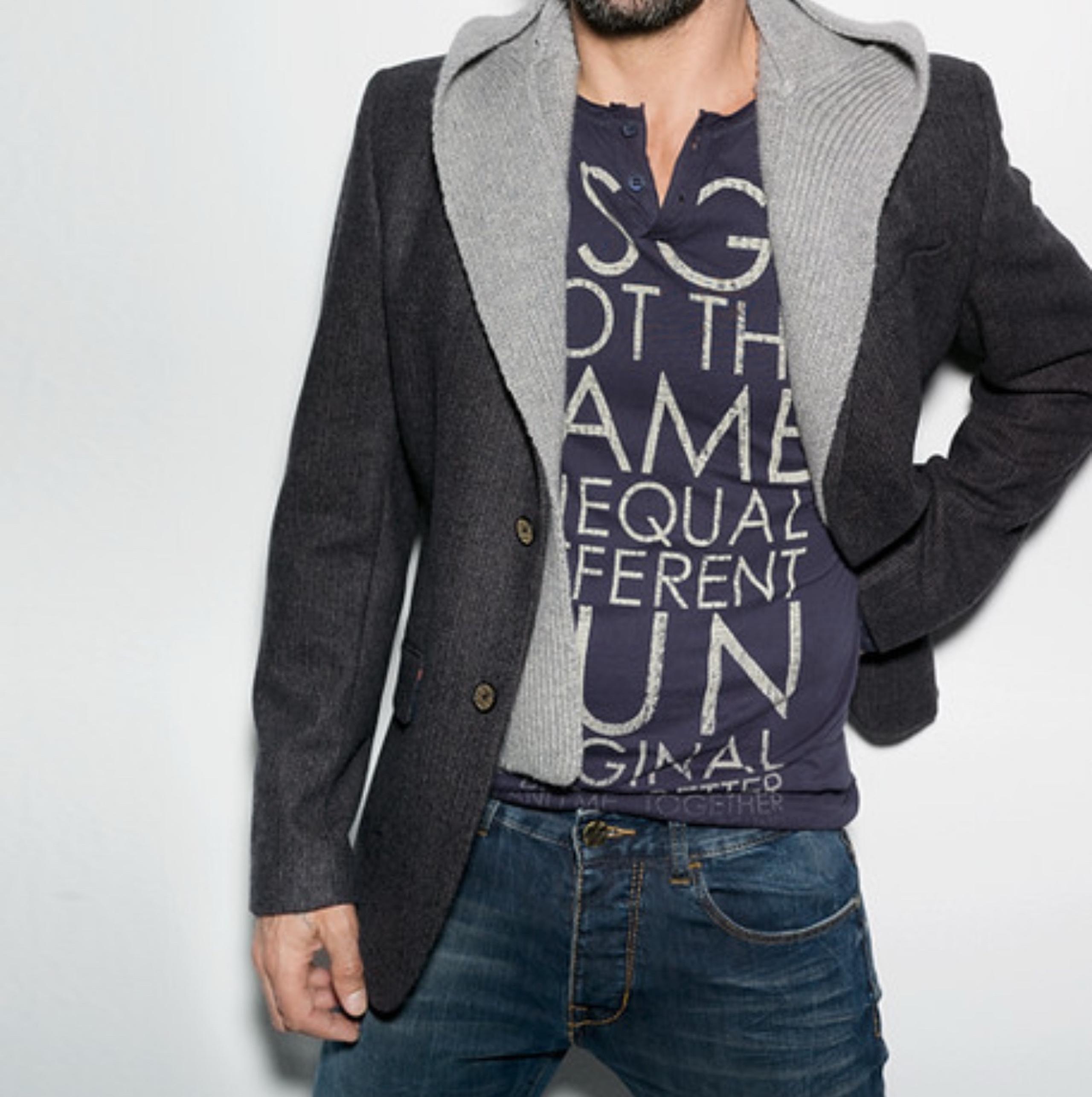 Desigual Mens Gray Herringbone Blazer with Removable Sweater Hood 17E1909 Sz 52