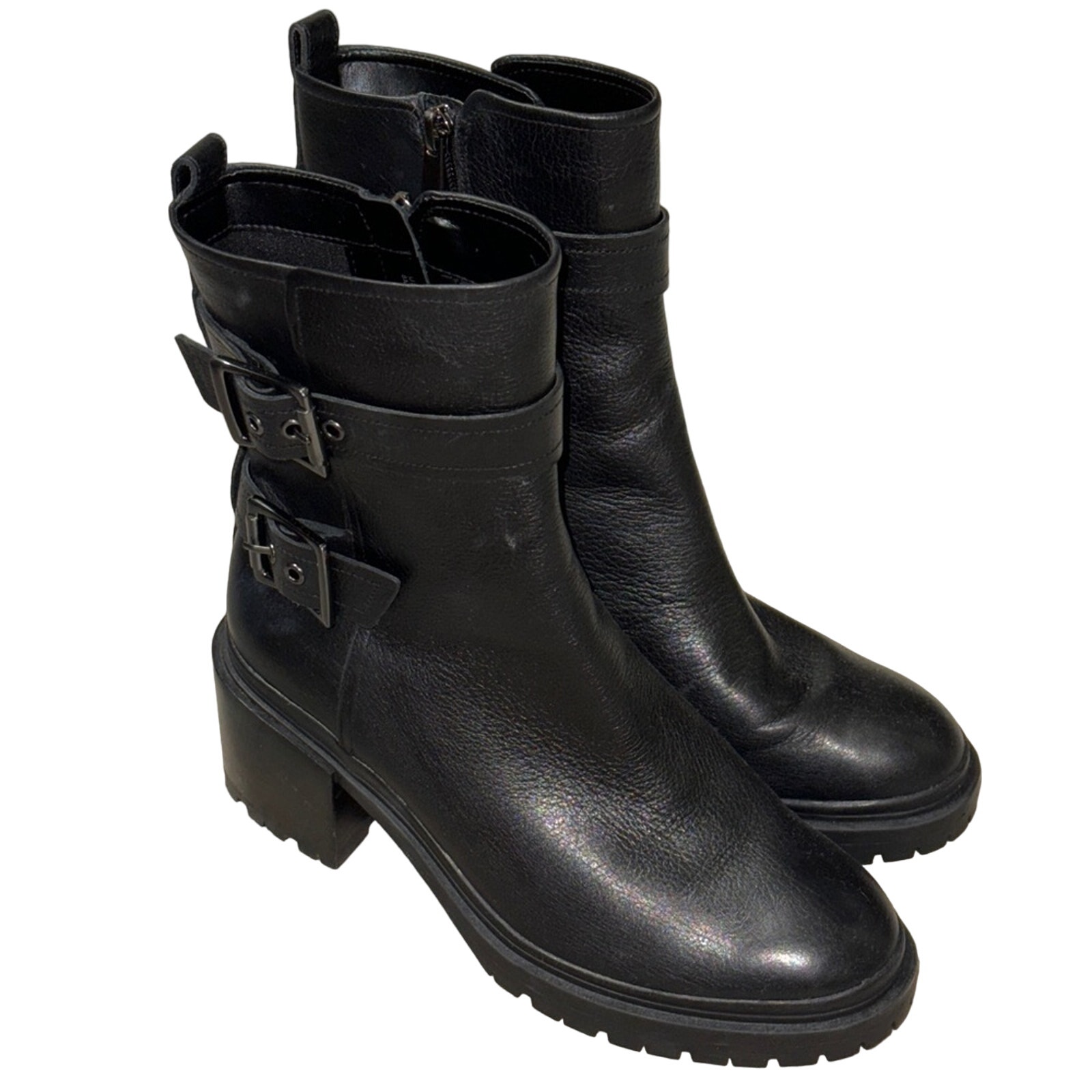 Naturalizer Trina Leather Moto Buckle Block Heel Boots Black Size 8