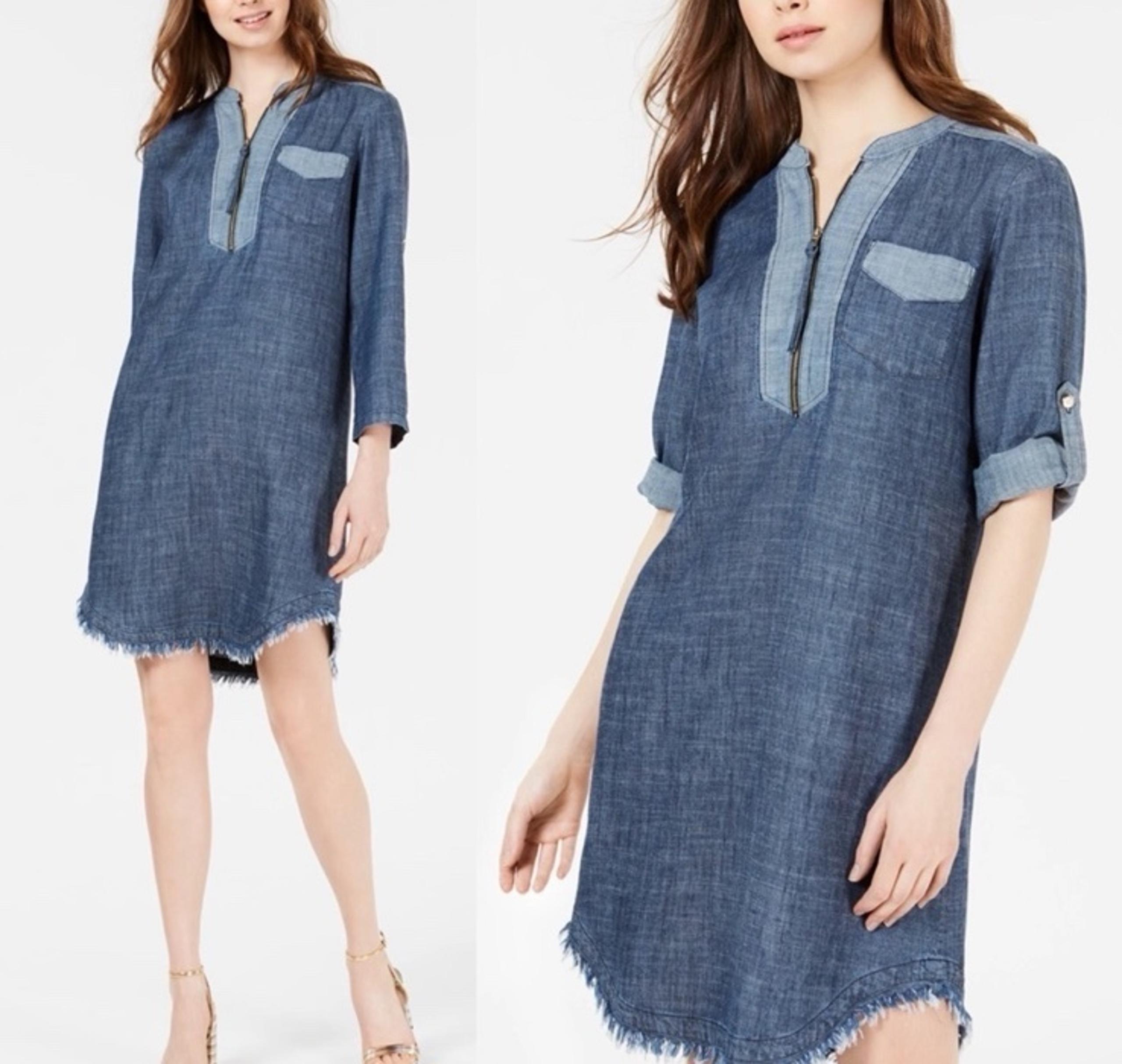 Trina Turk • Kaiko frayed hem linen blend dress shitt chambray denim popover NWT