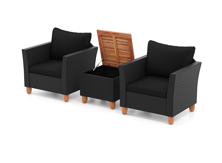 3 Pieces Patio Wicker Furniture Set with Cushions Acacia Wood Coffee Table L2