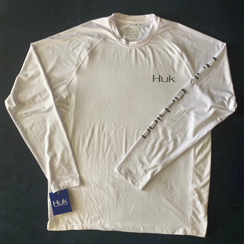 Large Men's Huk Fishing white Shirt back design