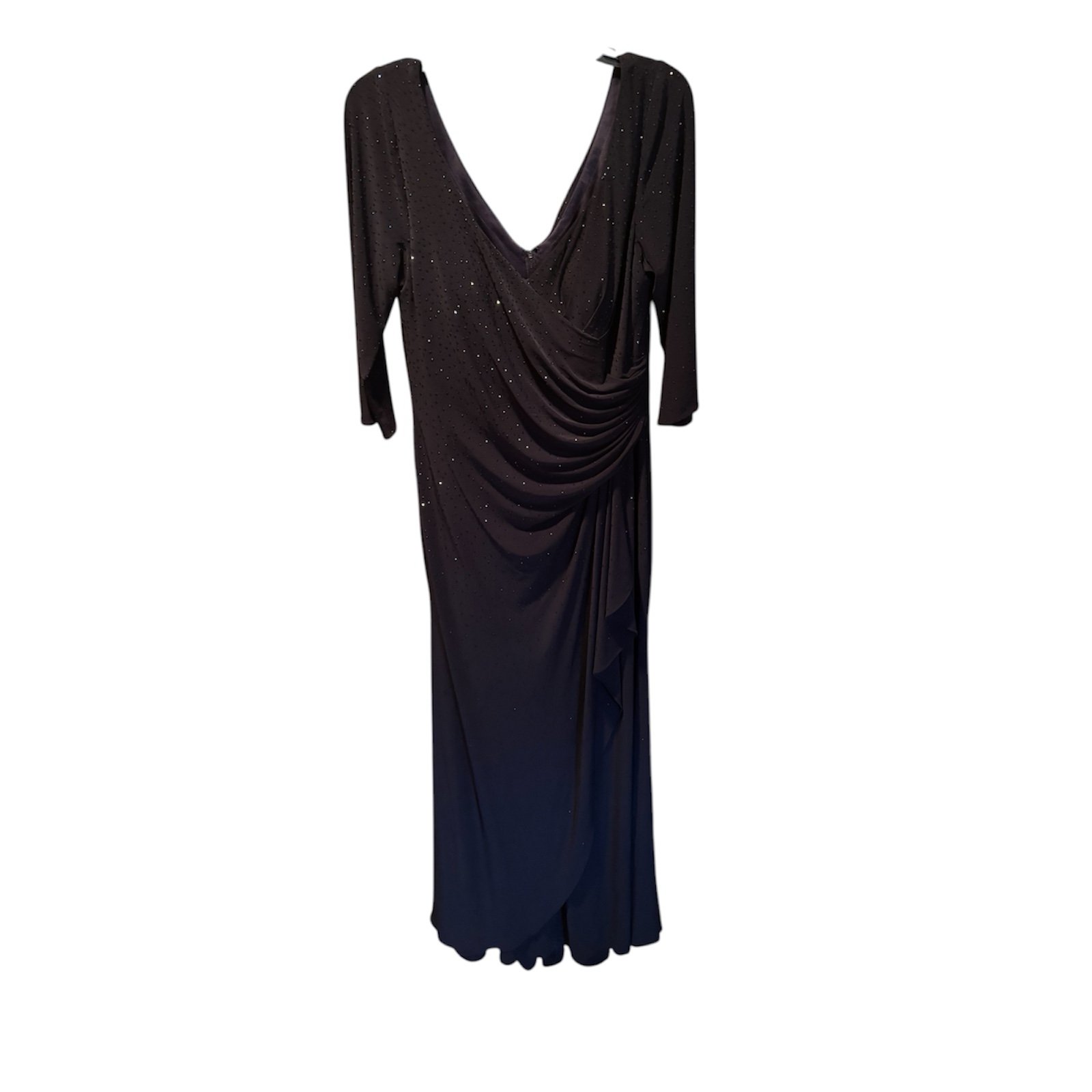 La Femme Rhinestone Embellished V-neck Ruched Jersey Gown Navy size 14