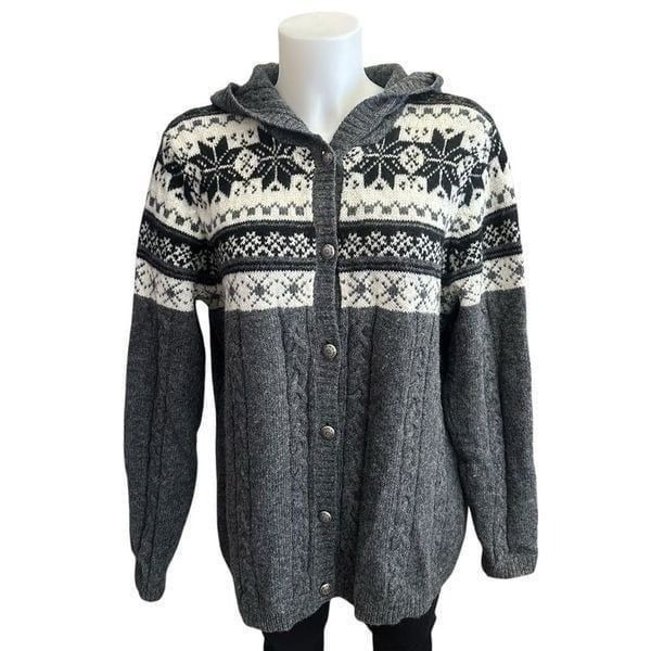 Carroll Reed Gray Nordic Fair Isle 100% Wool ButtonDown Hood Cardigan Sweater L