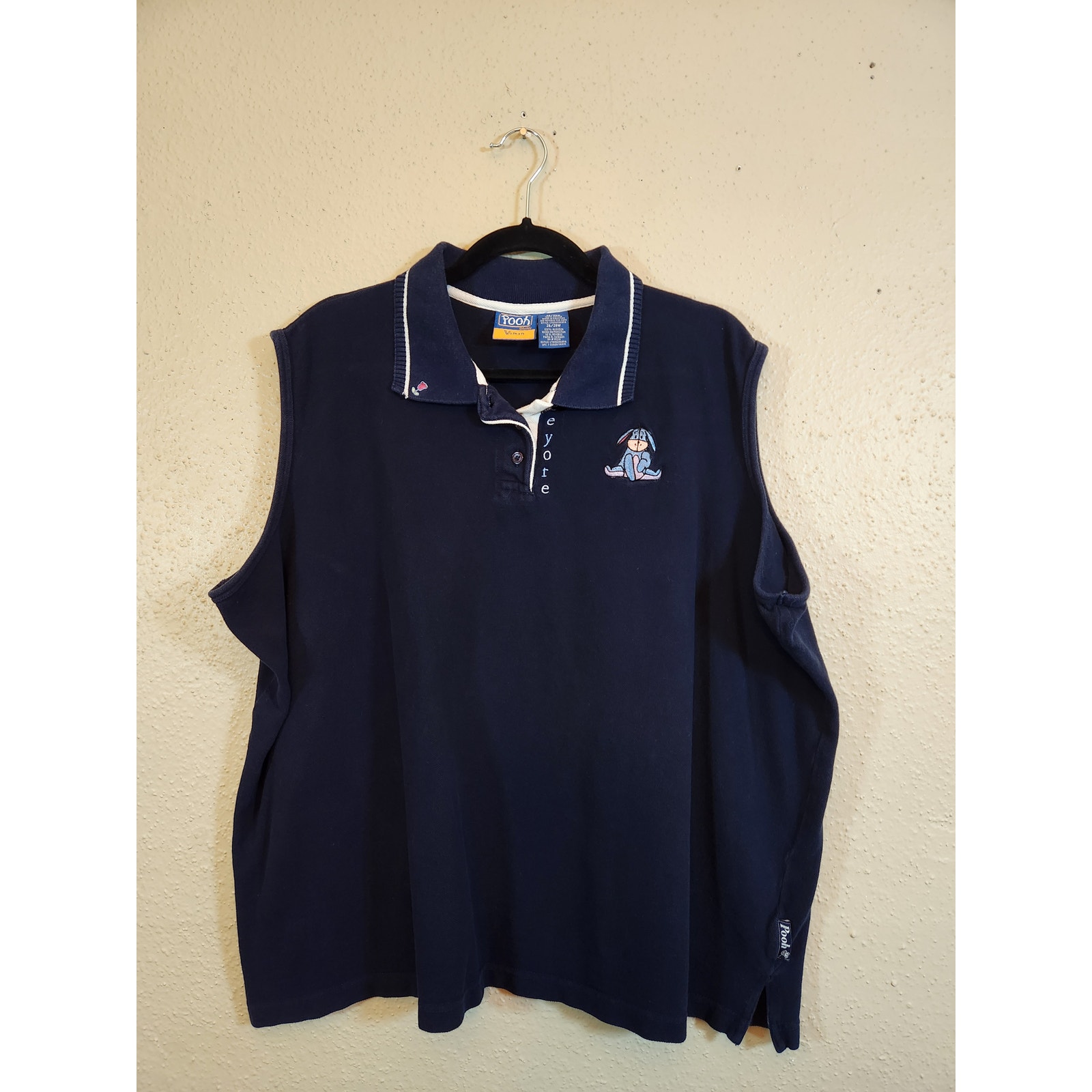 Vintage Disney Eeyore Pooh Blue Button Embroidered Sleeveless Polo Shirt 26/28W