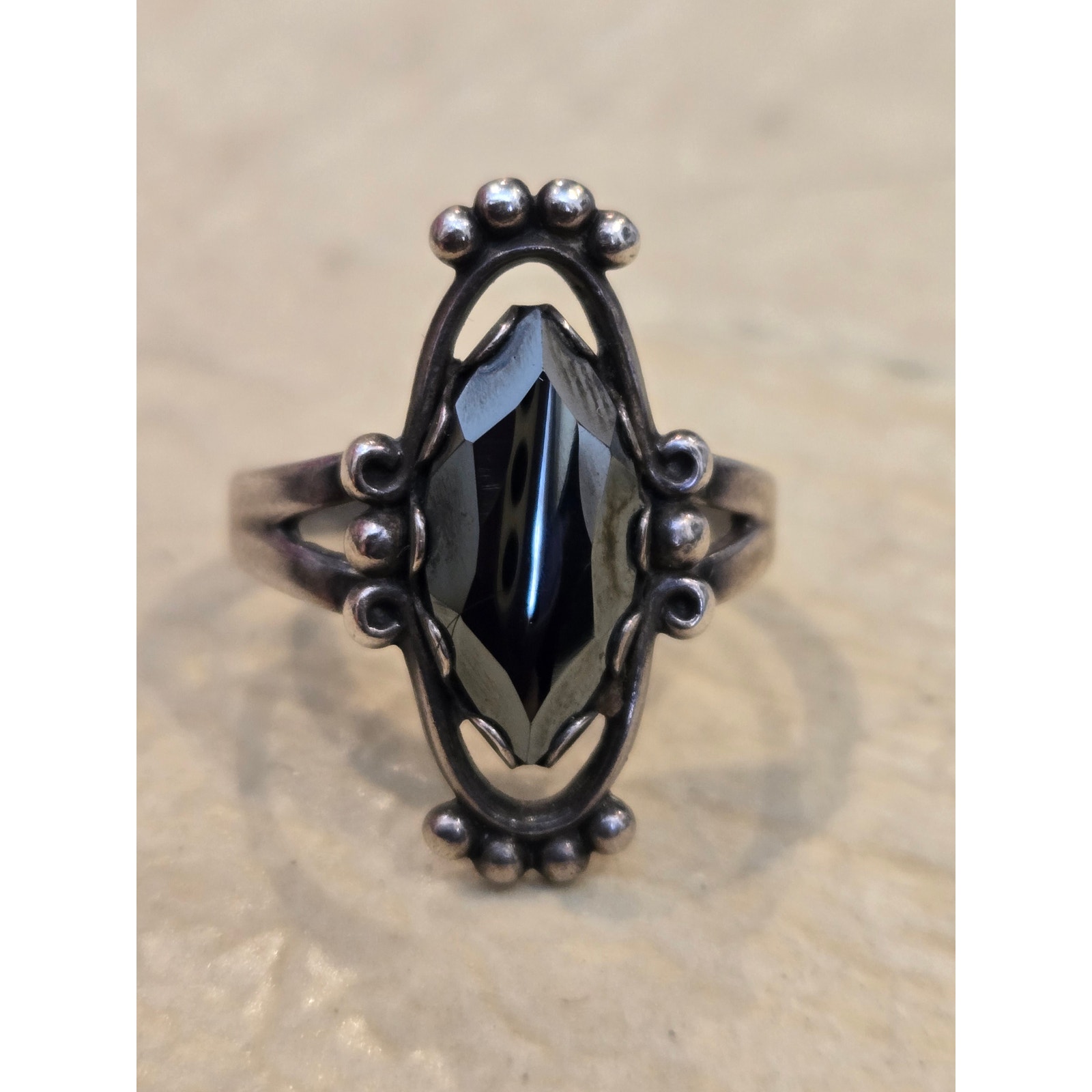 Vintage Bell Trading Post Hematite 925 Sterling Silver Native American Ring, 7.5