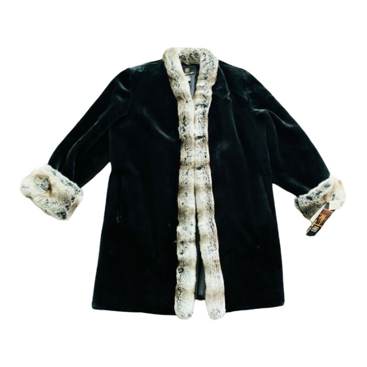 NWT MRP 240 ALPINE STUDIO Women's Black Beaver Faux Fur Coat Size XL