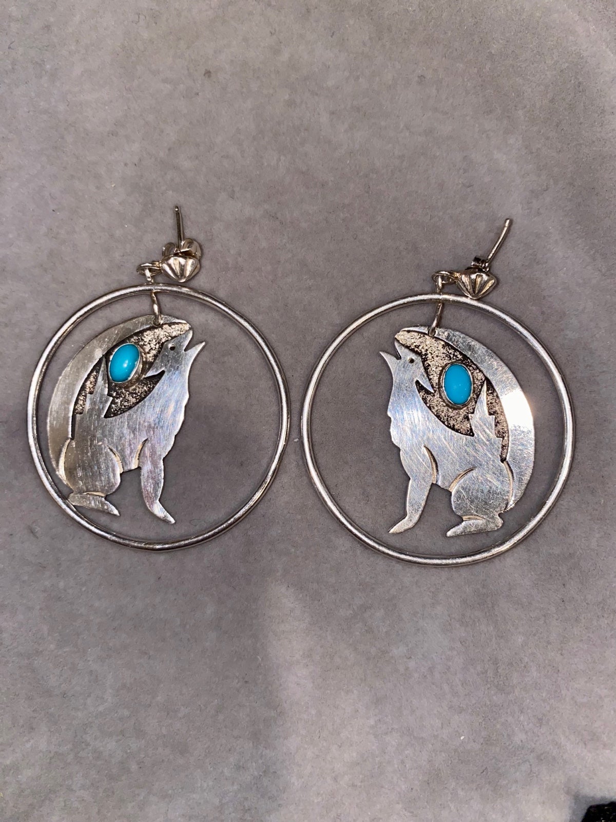 Vintage Native American Sterling Silver Wolf Coyote Earrings Navajo