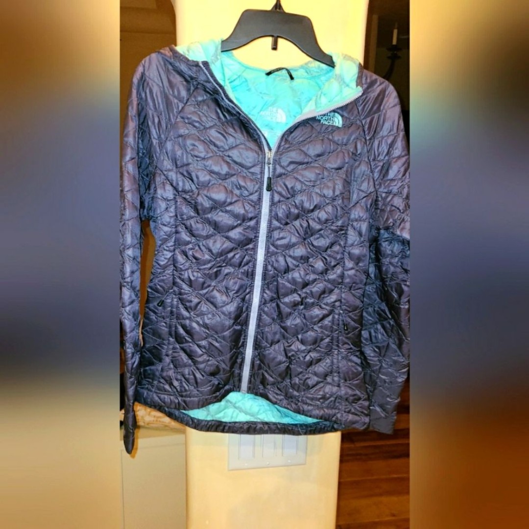 The North Face Gray Purple Teal Hood Thermoball Quilted Puffer Jacket Coat S