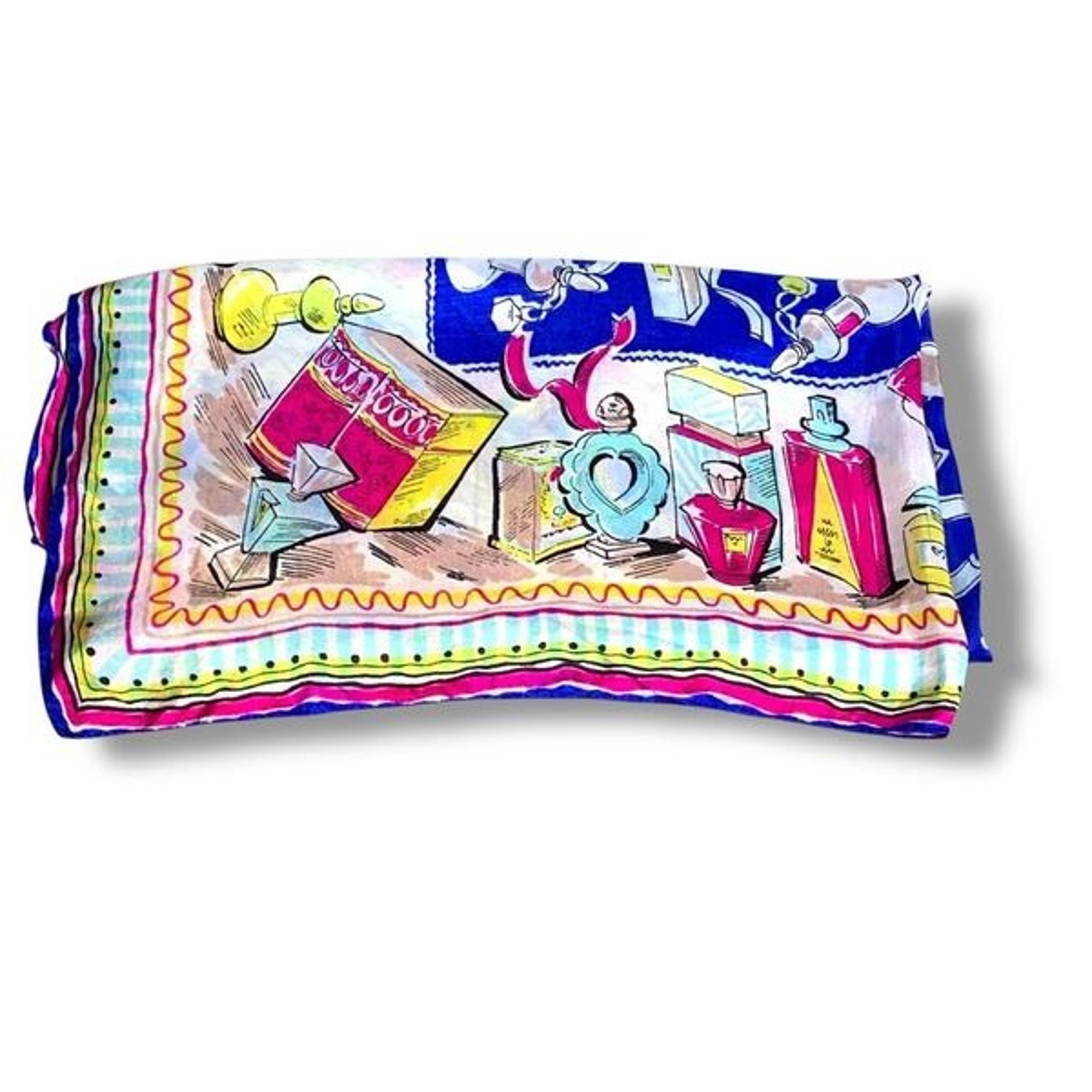 Vintage 90s Perfume Bottle Print Silk Scarf Colorful Square Retro Aesthetic