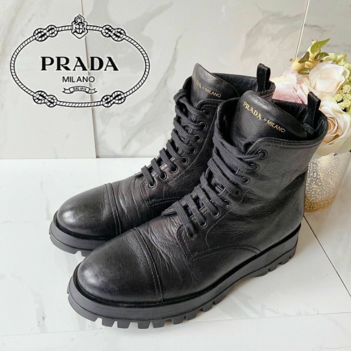 Prada LOGO Platform Lace Up Combat Boot