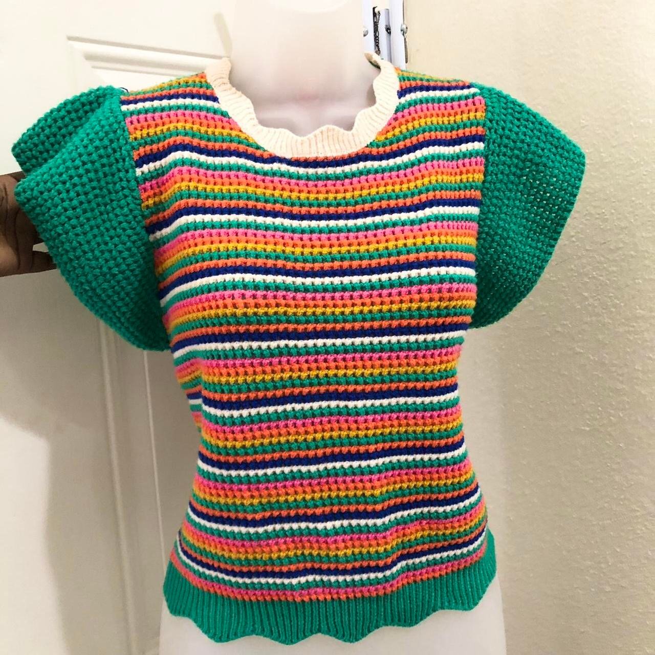 THML whimsical cottagecore green colorful stripped knit top blouse sweater