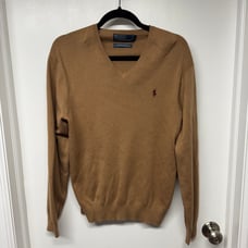 Polo Ralph Lauren Mens Carmel Brown V Neck Sweater Pima Cotton Size Medium