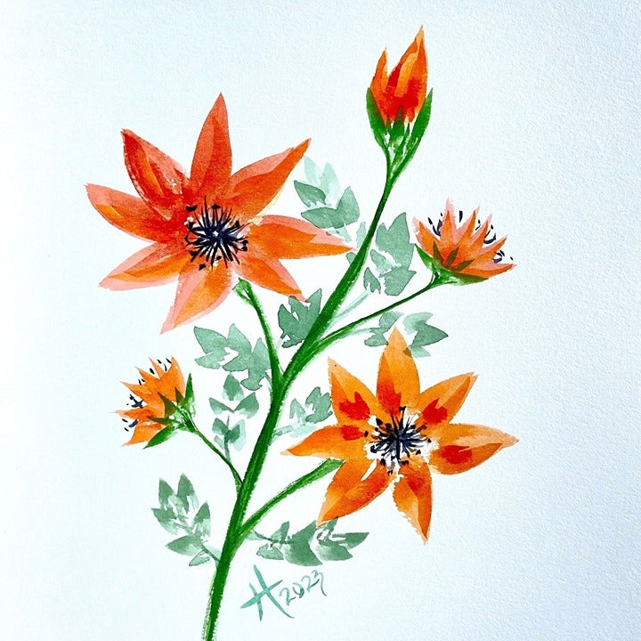 Orange Burst - Original Flowers Watercolor Painting 11x14in Matted Frame Ready