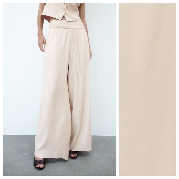 NWT. Zara Beige Viscose Wide-Leg Flowing High-Waist Trousers. Size L.