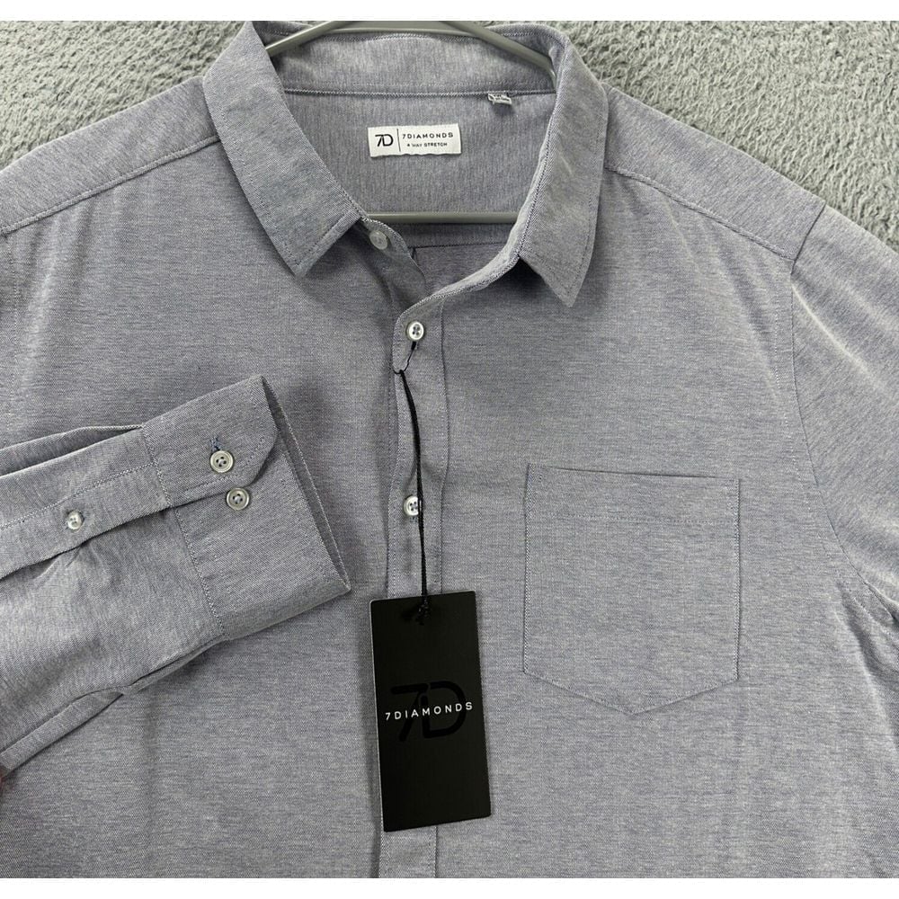 7 Diamonds Shirt Adult 2XL Oxford Blue 4-Way Stretch LS Button Up Pocket Men NEW