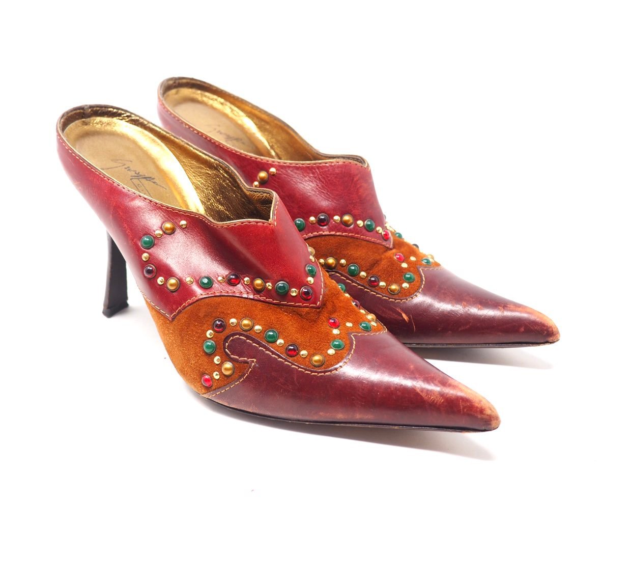 Giuseppe Zanotti Stone Studded Western Cowboy Mules Kitten Heels Leather Sz 36.5
