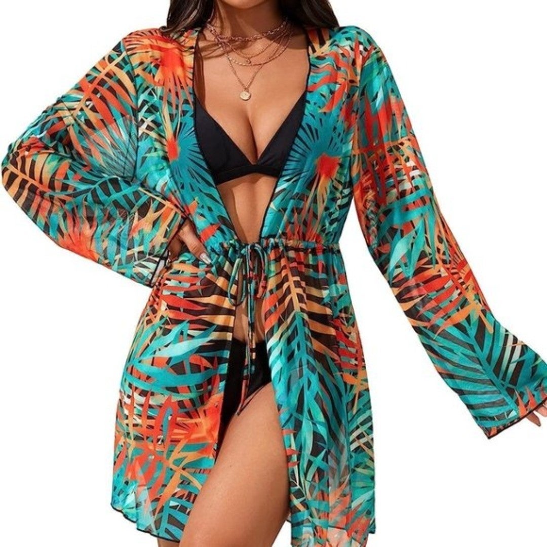 Women's Blue Orange Swimsuit Beach Cover-Up Sheer Long Kimono One Size