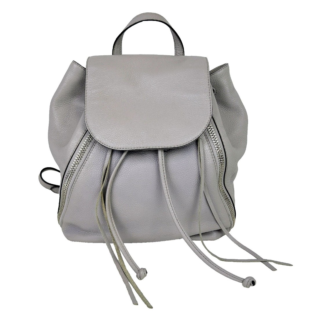 Rebecca Minkoff Bryn Leather Backpack Putty Light Grey Drawstring Zip Bag