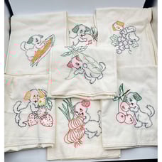 Vintage 7 Hand Embroidery Dog Veggies And Fruits Tea Towels
