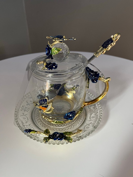 Clear Glass Tea Cup Set with Enameled Butterflies/Roses w/ Brass Handle 4PC NWT