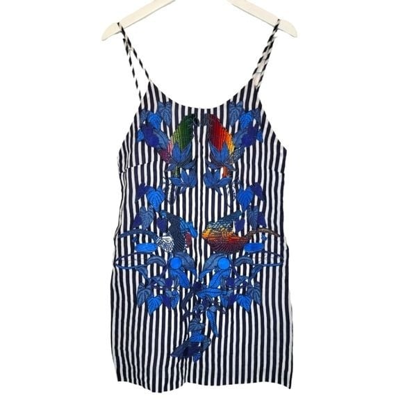 FARM RIO Striped Parrot Embroidered Mini Dress Women's XS Linen Sleeveless Blue