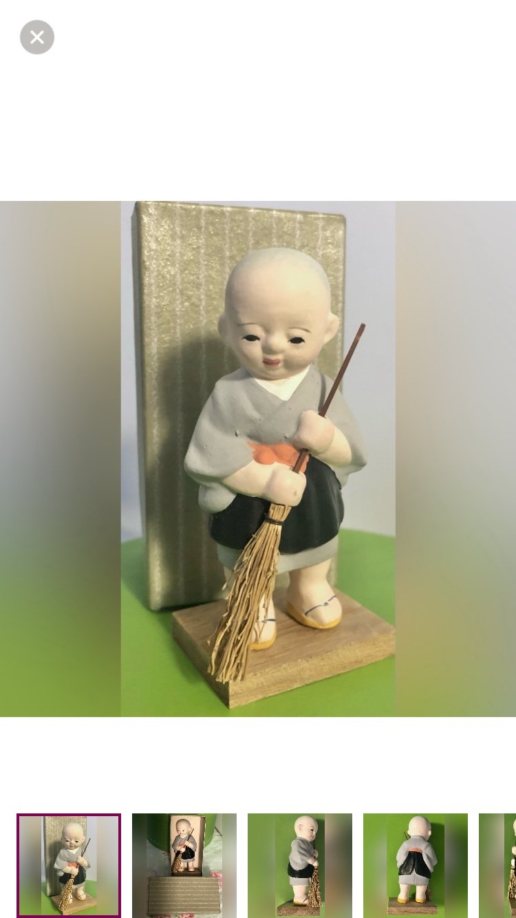 Vintage Japanese Buddhist Monk Sweeping with a Traditional Tatami Broomstick