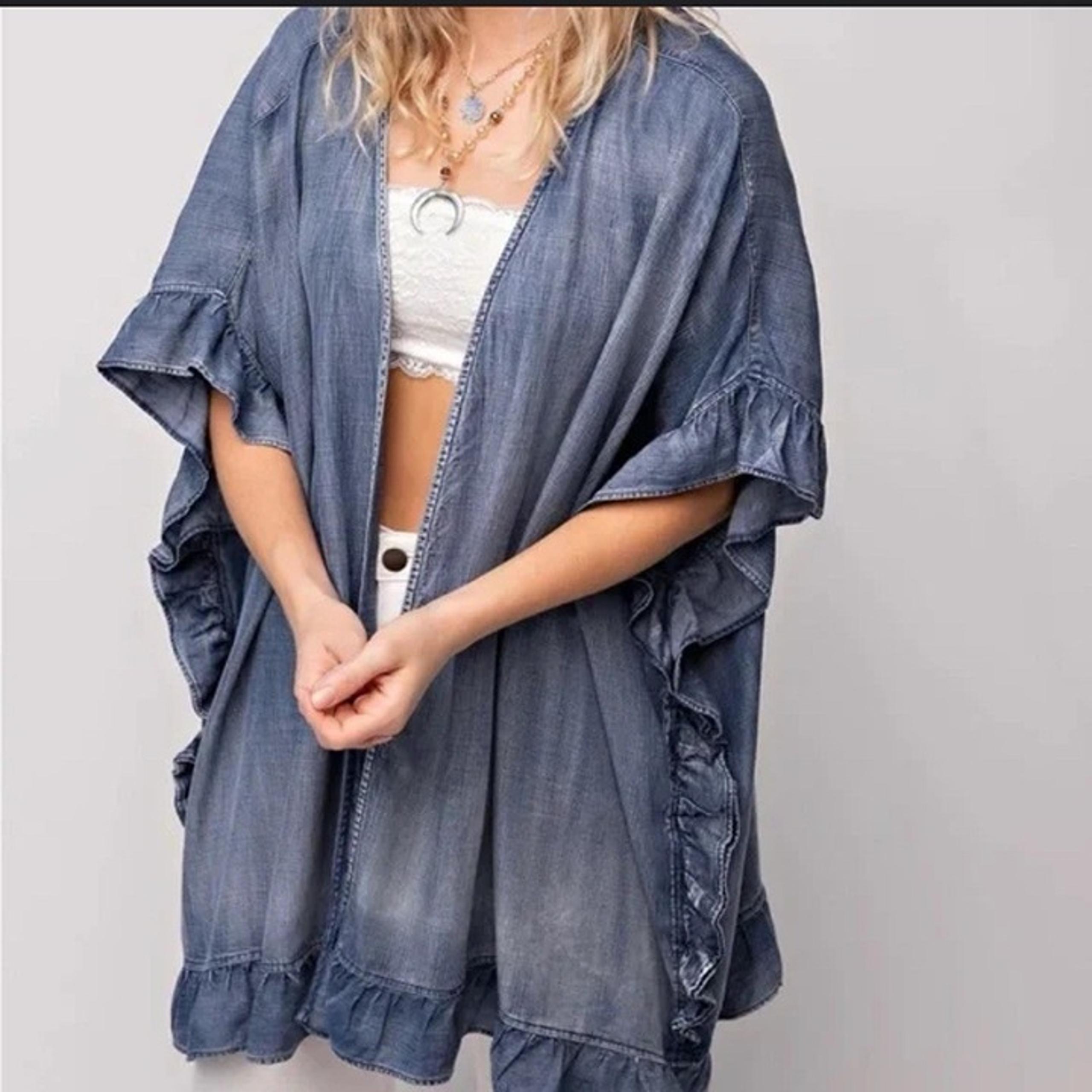 Easel Boho Coachella Chambray Denim Blue Ruffle Kimono Cardigan Duster Size L