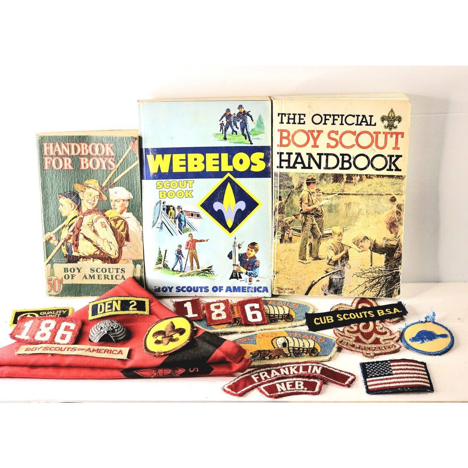 BOY SCOUTS of AMERICA Memorabilia Mix Lot Patches, Books, Handkerchief & Brooch