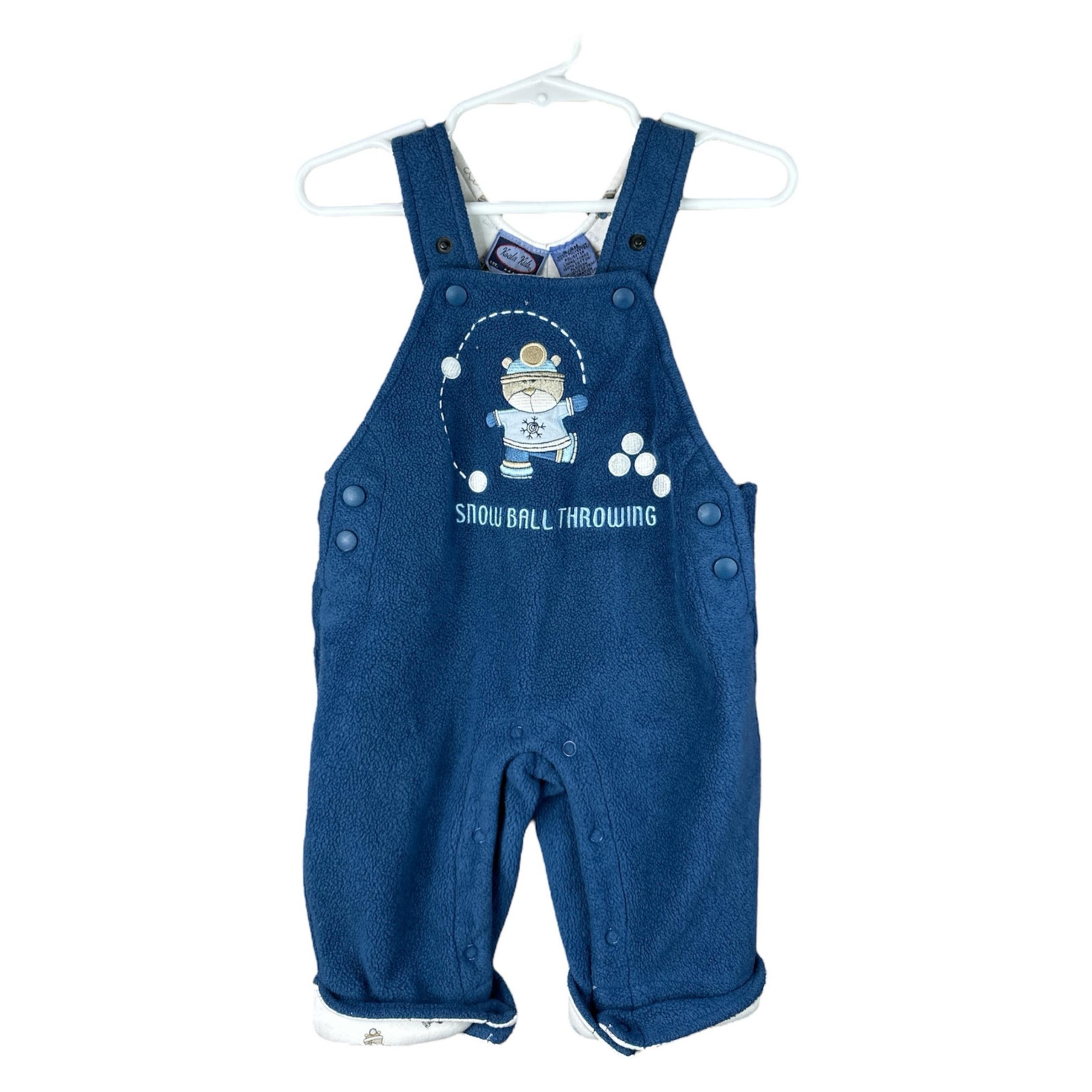 Boy’s Vintage Koala Kids Blue ‘Snowball Throwing’ Overall Bibs Size 6/9 Months