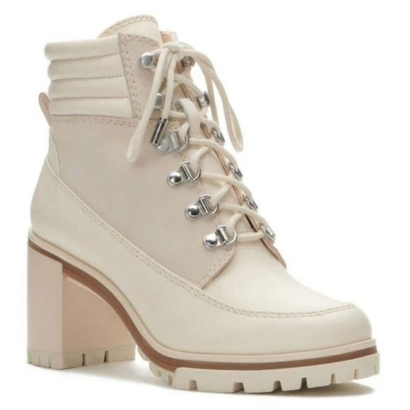 Vince Camuto Cream Lug Sole Hiking Combat Donenta Block Heel Bootie Boots sz 10