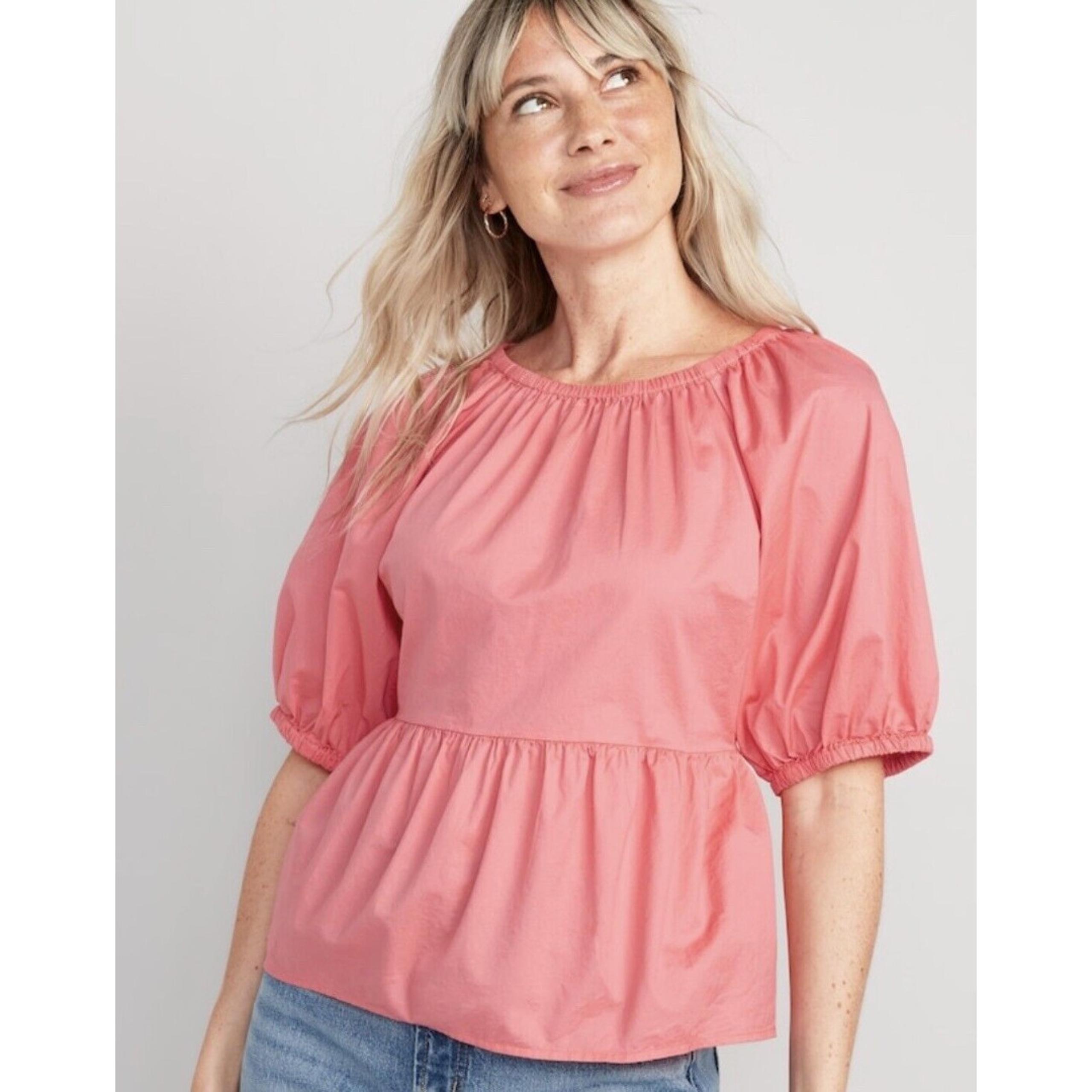 NWT Women's Old Navy Coral Pink Puff Sleeve Cutout Back Swing Blouse Large L
