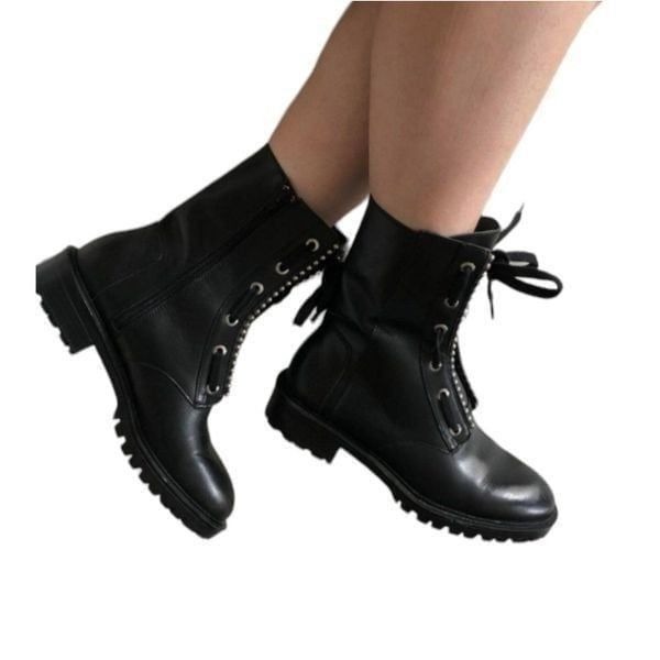 ZARA Black Leather Lace Up Studded Boots With Side Zip Size 39 (8.5)