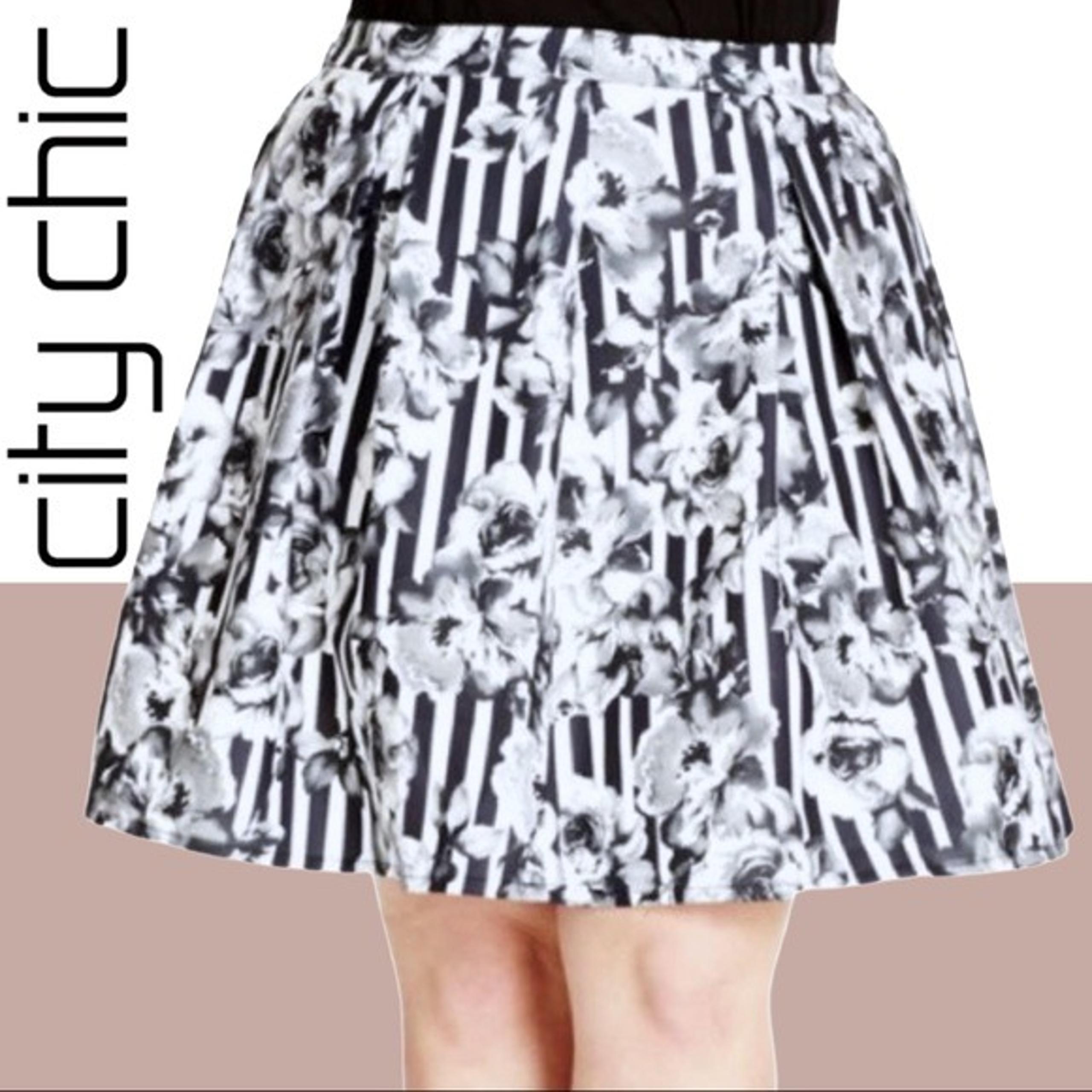 City Chic Stripe Floral Skirt A-Line Box Pleats Knee Length Ponte XS 14