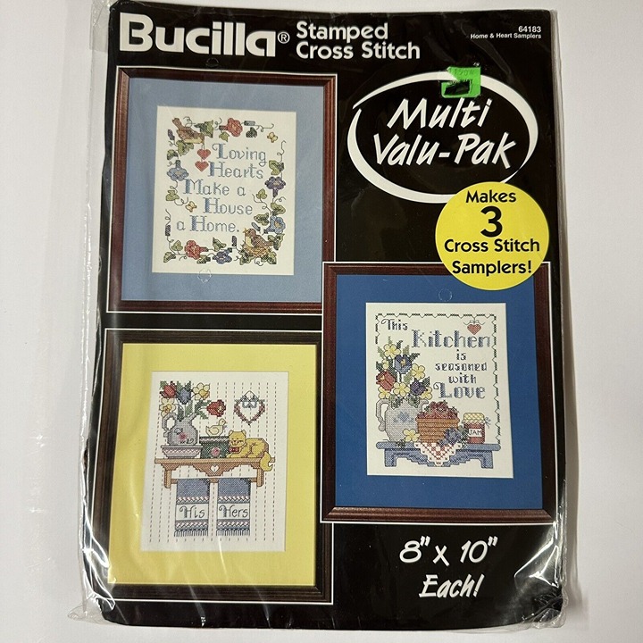Vtg Bucilla Home & Hearts Samplers Multi Valu-Pak 3 Stamped Cross Stitch Kit