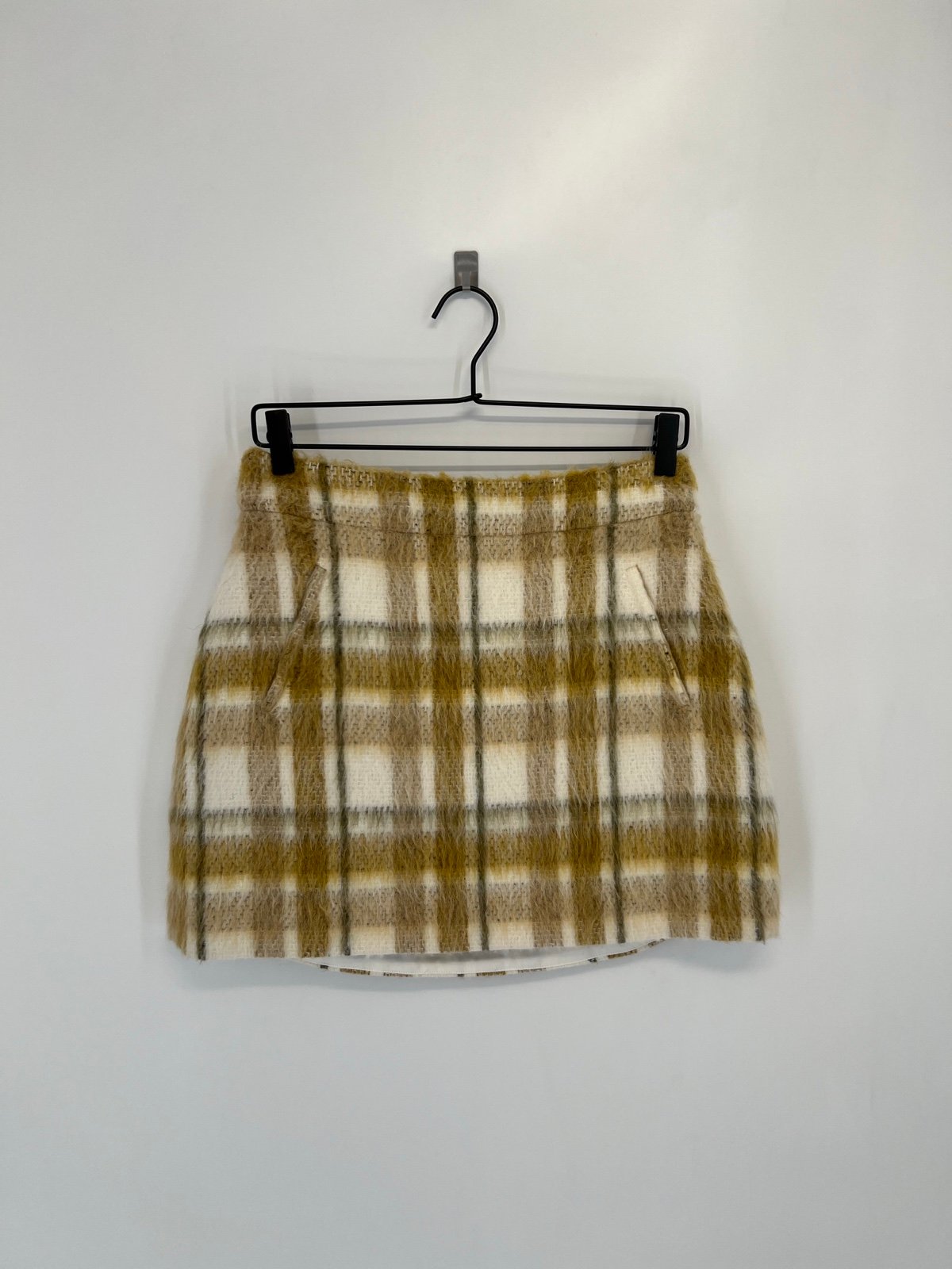 Ramy Brook Cienna Plaid Fuzzy Wool Alpaca Blend Mini Skirt In Ivory/Honey Combo