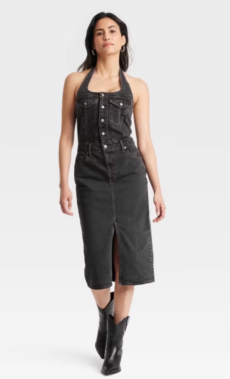 Universal Thread MIDI Black Denim Halter Dress - Size 12 - NWT NEW
