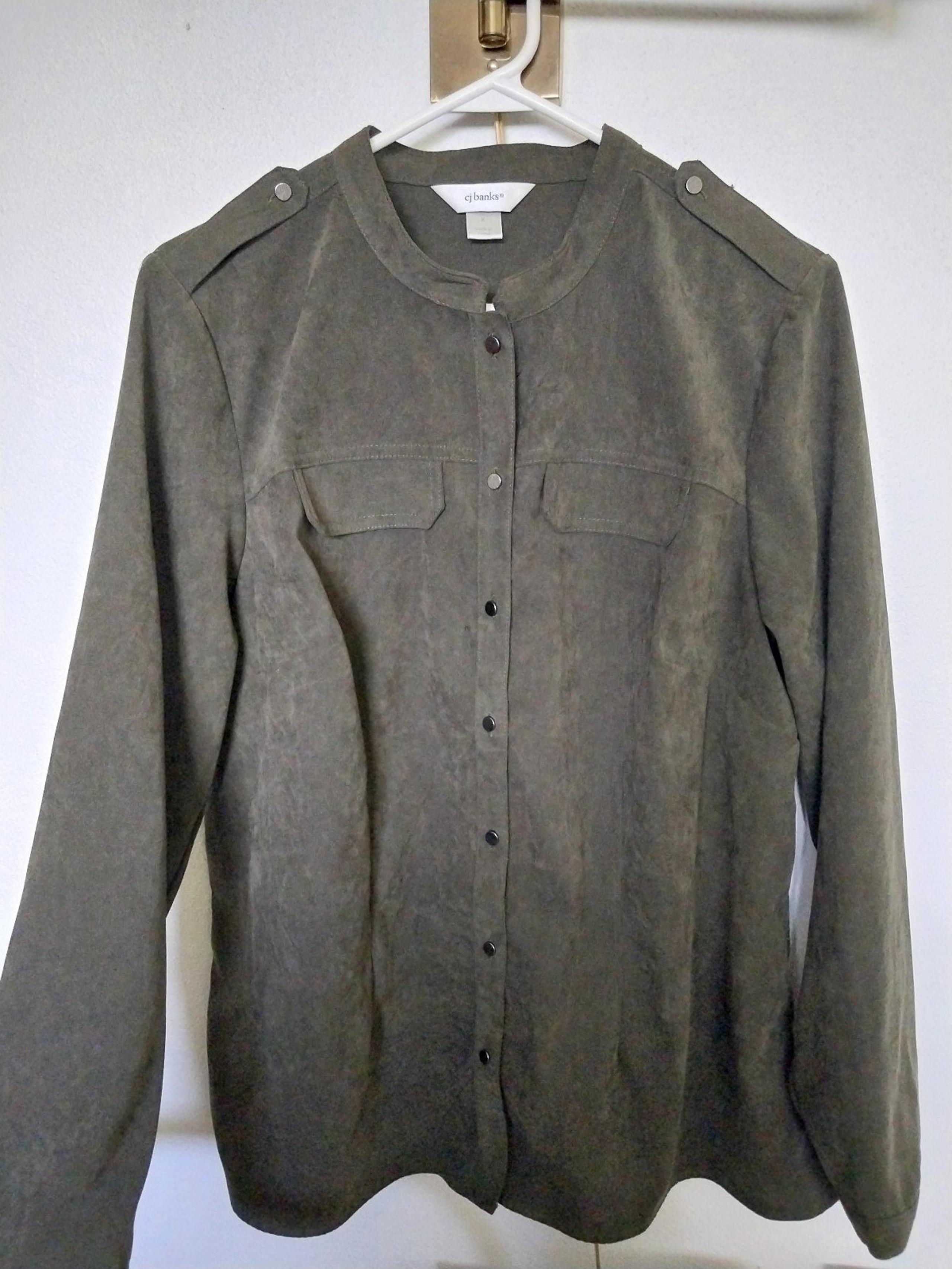 CJ BANKS dark faux suede button down shirt